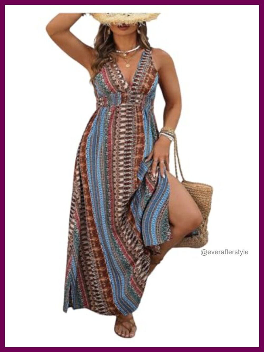 Plus Size Maxi Dress V Neck Smocked Waist Graphic Print Summer Beach